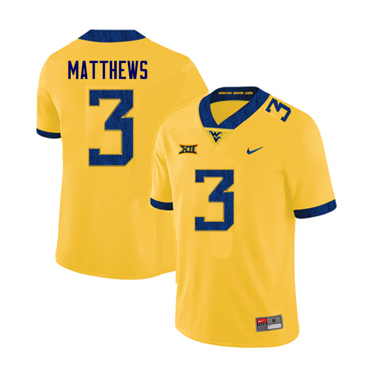 NCAA Men's Jackie Matthews West Virginia Mountaineers Yellow #3 Nike Stitched Football College Authentic Jersey VW23S60XS